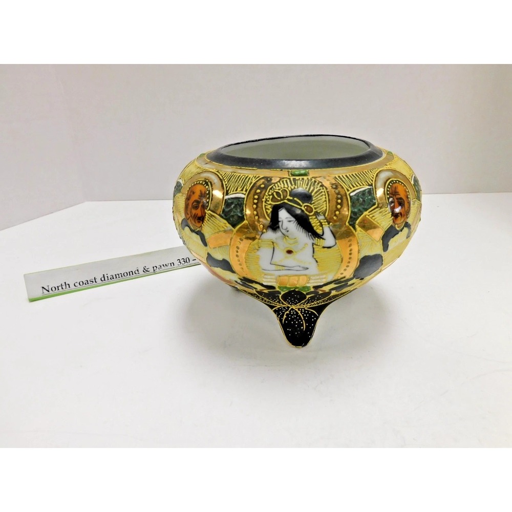VTG Japanese Satsuma Moriage Tripod Incense Burner Koro Immortal Figures DH81